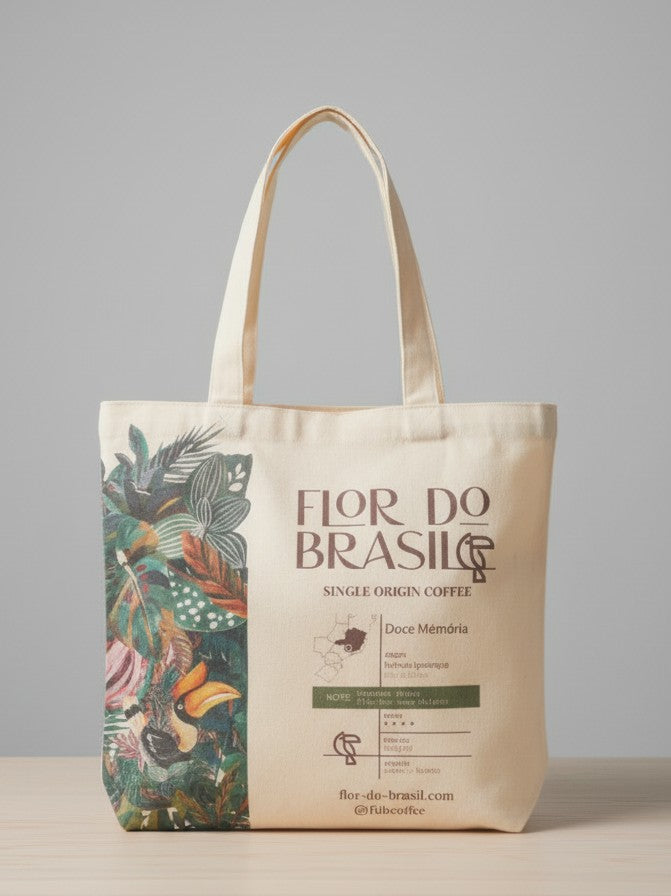 A natural-colored cotton tote bag with a rustic, vintage texture, inspired by our coffee packaging.