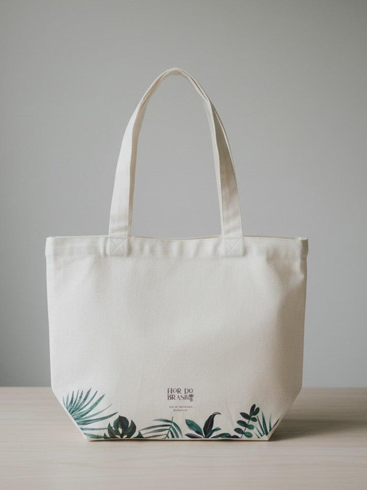 Back of the white cotton canvas tote bag featuring a vibrant, artistic print of green tropical leaves across the bottom and side