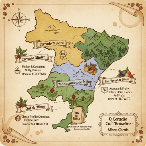 Map of Minas Gerais with coffee regions and descriptions.